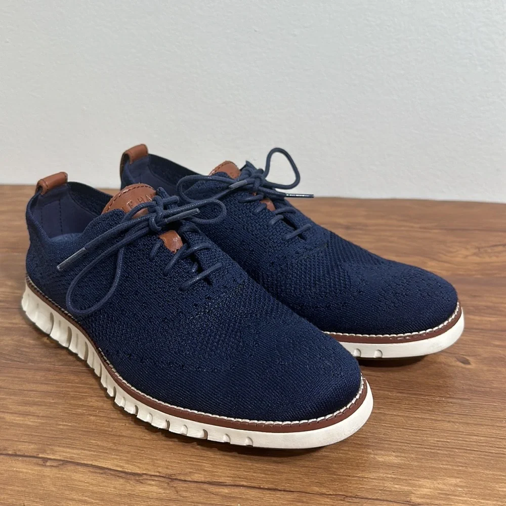 Cole Haan Navy Knit Wingtip Sneakers with Brown Accents - Picture 2 of 10